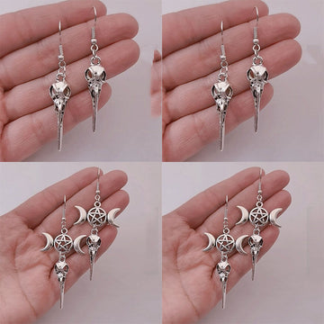 Jewelry Triple Moon Pentagram Skull Crow Head Earrings