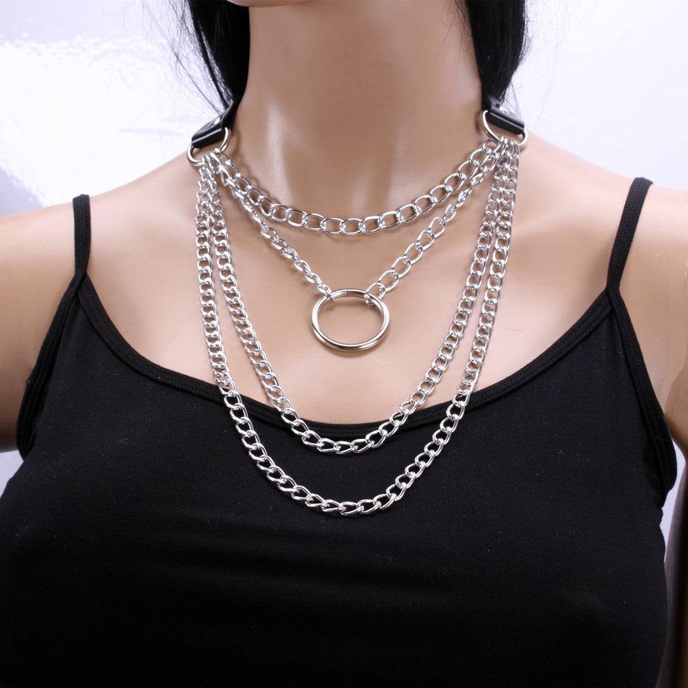 Retro Punk PU Metal Ring Necklace