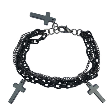 Multilayer Gothic 80s Retro Black & Gunmetal Chain Cross Charm Bracelet