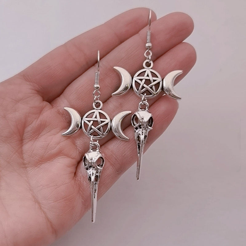 Jewelry Triple Moon Pentagram Skull Crow Head Earrings