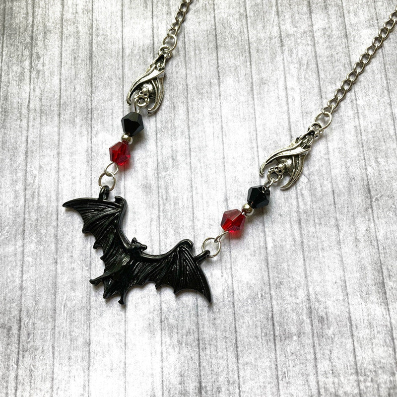 Black Bat Necklace Gothic Jewelry Halloween Theme